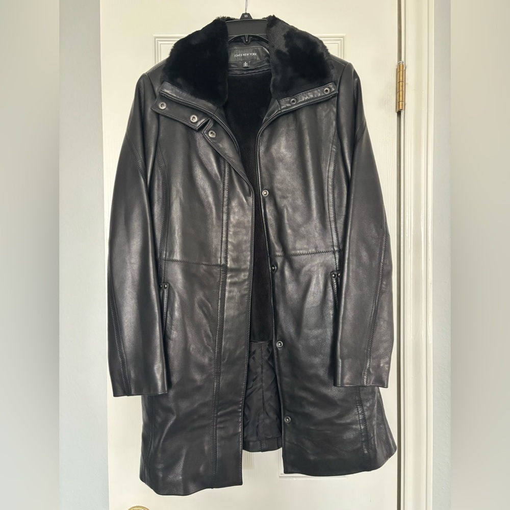 Jones New York Black Soft Leather Long Coat Removable Lining Size Small
